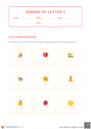 Letter Y Sounds Printable Worksheet | Grade 1 Phonics