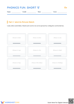 Printable Short E Phonics Worksheet | Grade 1 ELA