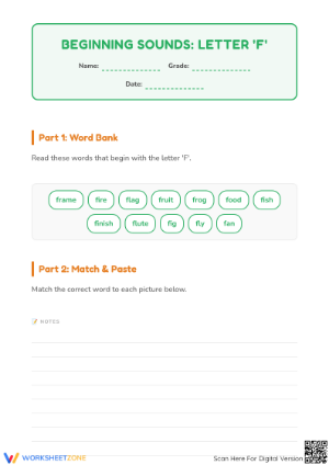 Beginning Sounds Letter F Worksheet | Grade K Printable