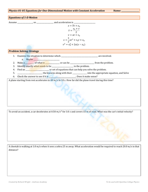 Equations for One-Dimensional Motion with Constant Acceleration