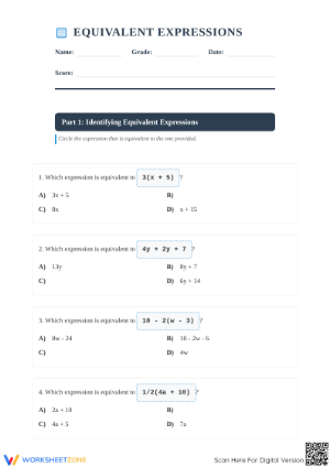 Printable Equivalent Expressions Practice | Grade 6-7 Math