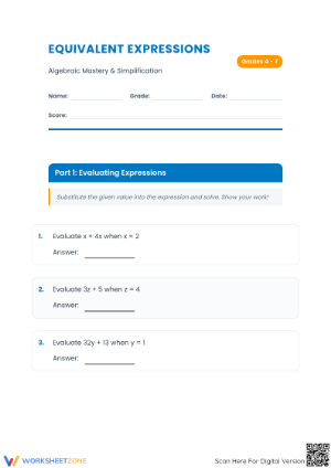 Essential Equivalent Expressions Worksheet | Grades 4-7