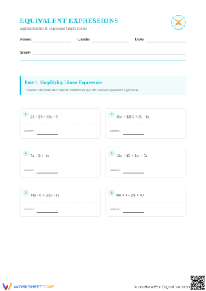 Printable Equivalent Expressions Worksheet: Grade 6 Math