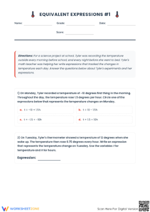 Printable Worksheet: Equivalent Expressions Practice | Grade 7