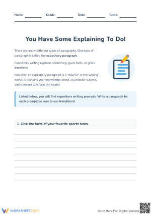 Grade 5 Expository Writing — Printable No-Prep Worksheet