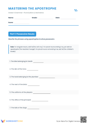 Mastering the Apostrophe Worksheet | Grade 5 Essential