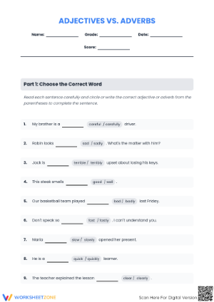 Adjectives vs. Adverbs Printable Worksheet | Grade 2 ELA