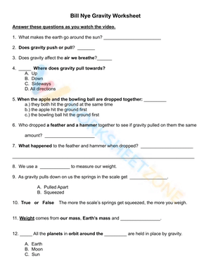 Bill Nye Gravity Lesson Worksheet