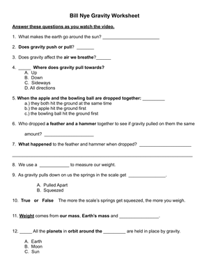 Printable Gravity Worksheet | Grade 6 Science