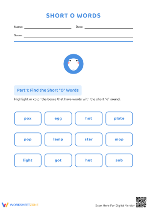 Printable Short O Words Worksheet | Grade 1 ELA