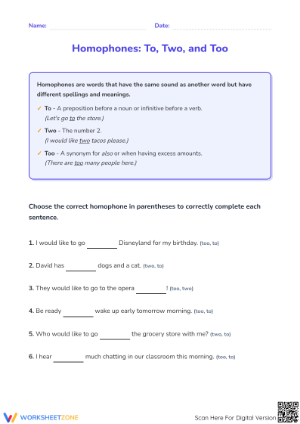 Essential Homophones Worksheet: To, Two, Too | Grade 4