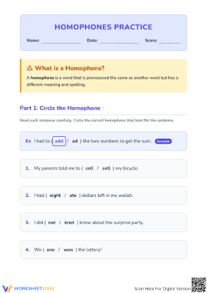 Printable Homophones Worksheet | Grade 4 ELA