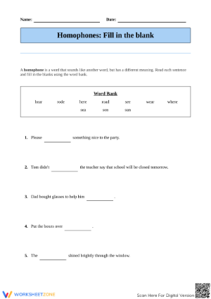 Grade 4 Homophones — Printable No-Prep Worksheet