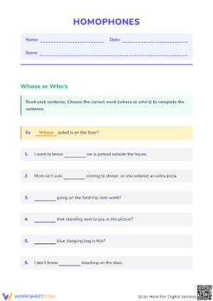 Whose or Who's Homophones Worksheet | Grade 4 Essential