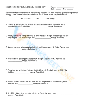 Kinetic and Potential Energy Worksheet
