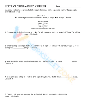 Kinetic & Potential Energy Problems for Students