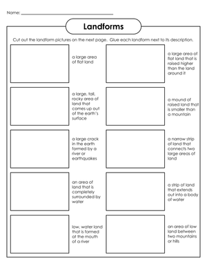 Printable Landforms Cut and Glue Worksheet | Grade 2