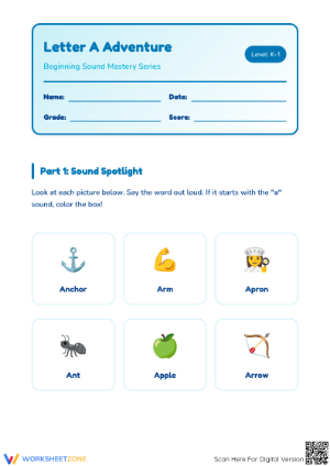 Letter A Beginning Sound Worksheet | Printable Grade K-1