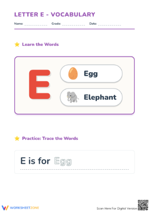 Letter E Vocabulary & Tracing Worksheet | Grade K Ready