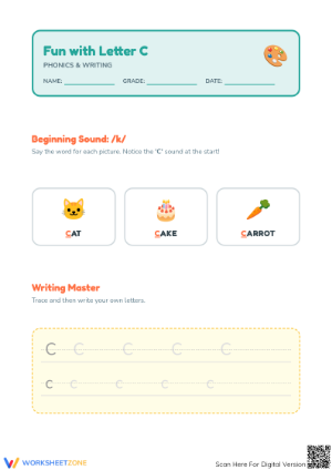 Letter C Beginning Sound Worksheet | Essential Phonics