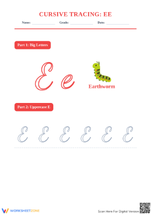 Essential Cursive Letter E Tracing Worksheet | Grade 2