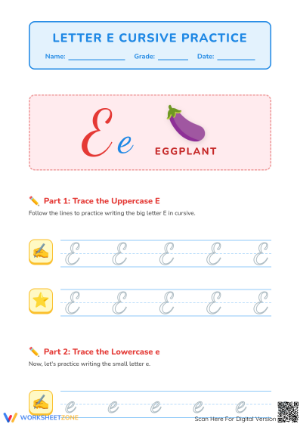Cursive Letter E Practice Worksheet | Grade 2 Essential