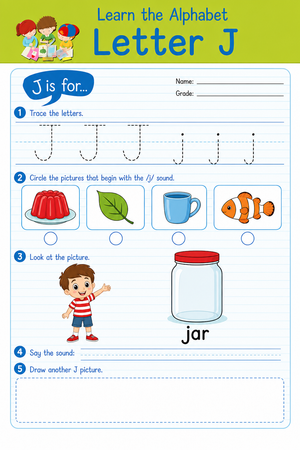 Letter J Beginning Sound Worksheet | Printable Grade K-2