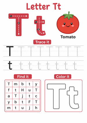 Letter T Tracing, Find-It, and Coloring Worksheet