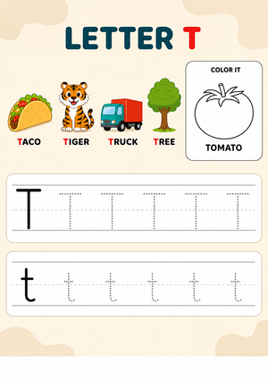 Letter T Tracing and Phonics Worksheet