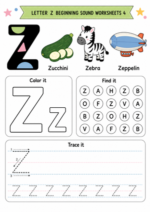 Letter Z Beginning Sound Printable Worksheet | Grade K