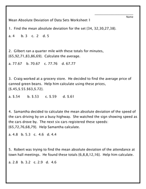 Calculate Mean Absolute Deviation of Data Sets Worksheet