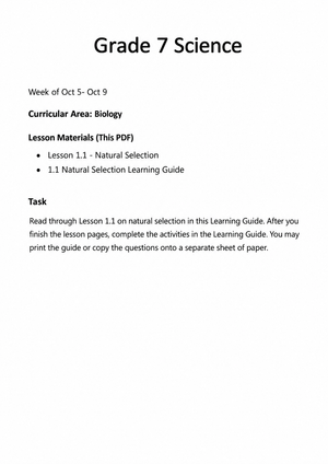 Grade 7 Natural Selection — Printable No-Prep Worksheet