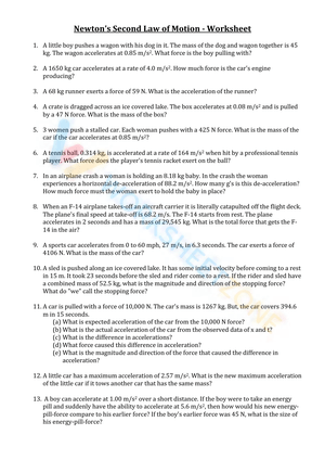 Newton’s  Second  Law  of  Motion  ­ Worksheet