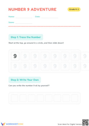 Grade K-1 Number 9 — Printable No-Prep Math Worksheet