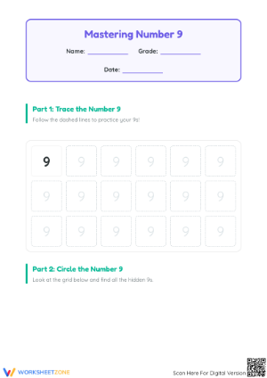Printable Number 9 Worksheet: Trace, Find & Count — Grade K
