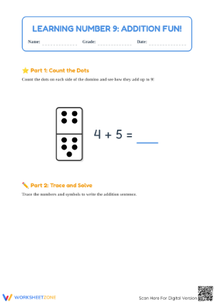 Essential Number 9 Addition Worksheet | Grade K-1 Math