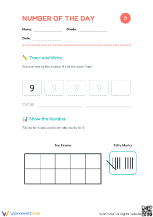 Number of the Day 9 Worksheet | Essential Grade K-2 Math