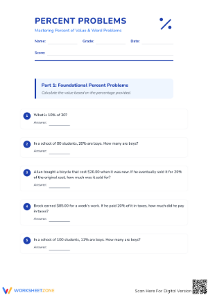 Essential Percent Problems Worksheet | Grade 7 Math