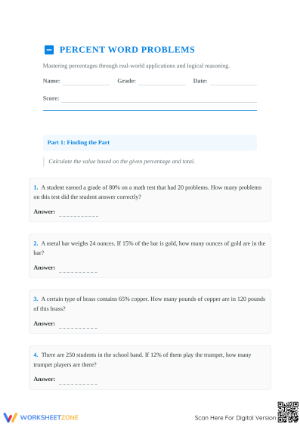 Printable Percent Word Problems Worksheet | Grade 7 Math