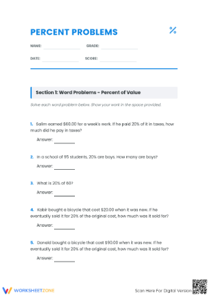 Printable Percent Problems Worksheet | Grade 6 Math
