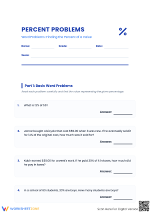 Printable Percent Word Problems Worksheet | Grade 7 Math