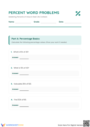 Printable Percent Word Problems Worksheet | Grade 7 Math