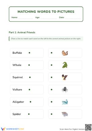 Animal Picture Word Matching | Grade 1 Printable