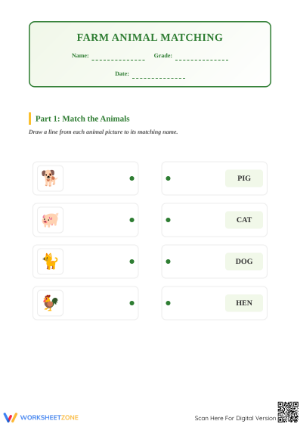 Printable Farm Animal Matching Worksheet | Grade K-2