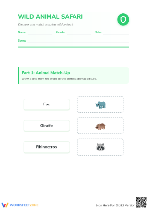 Wild Animal Safari Vocabulary Worksheet | Grade 1 Ready