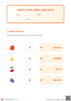 Fruit Vocabulary Matching Worksheet | Grade 1 Printable
