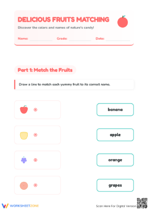 Fruit Picture Word Matching Worksheet | Grade K-1 Printable