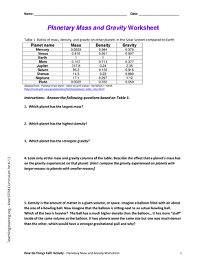 Planetary Mass and Gravity Worksheet | Essential Science