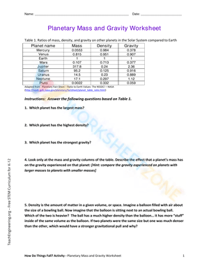 Planetary Mass and Gravity Worksheet