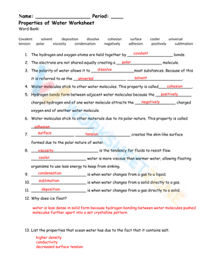 Properties of Water Worksheet with key